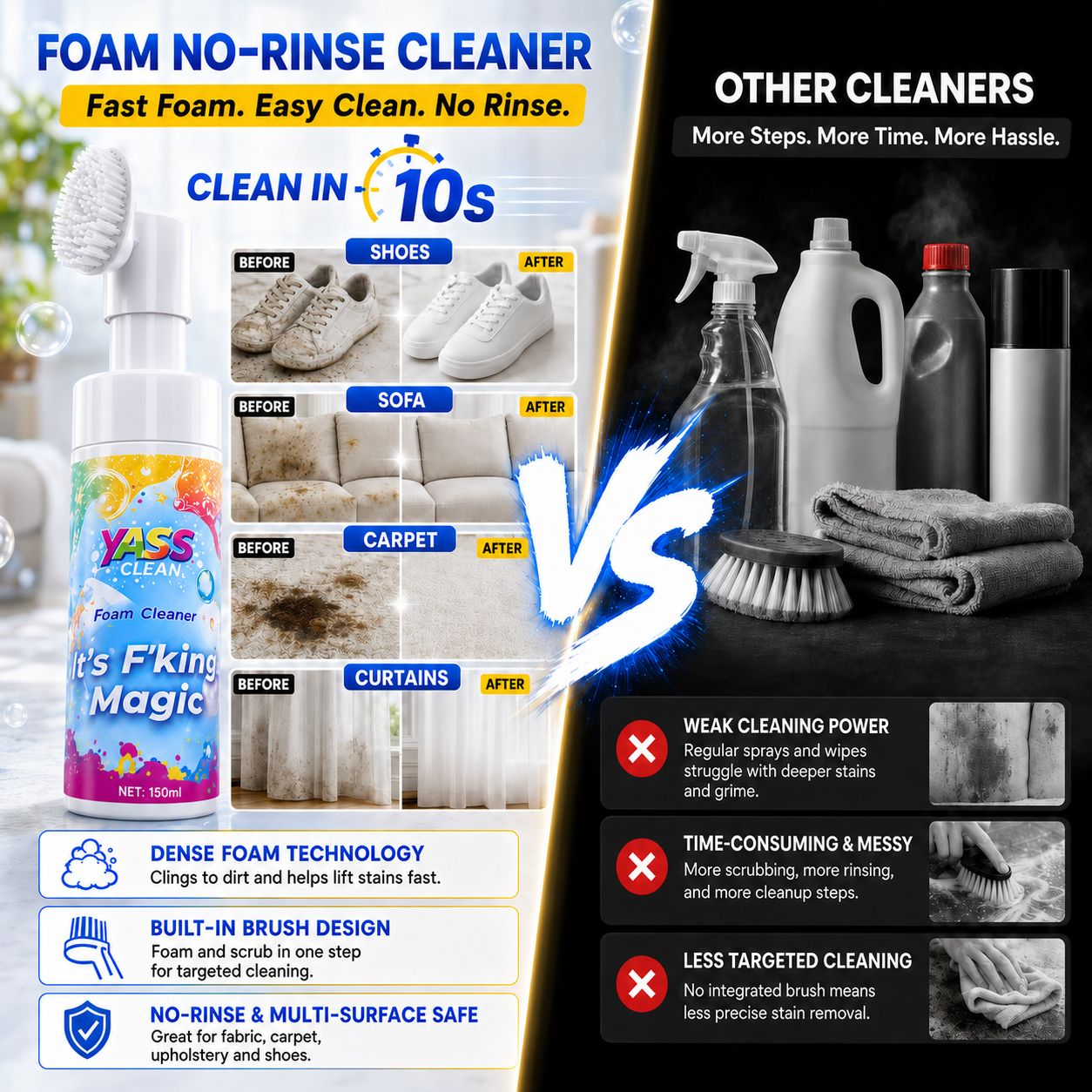 ⏳Last Day 50% OFF⏳- 🧹Clean Magic Foam Cleaner for Carpets & Upholstery – Pet Stain & Odour Remover with Cleaning Brush🧼🪄