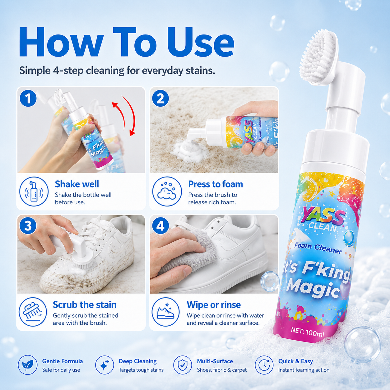 ⏳Last Day 50% OFF⏳- 🧹Clean Magic Foam Cleaner for Carpets & Upholstery – Pet Stain & Odour Remover with Cleaning Brush🧼🪄