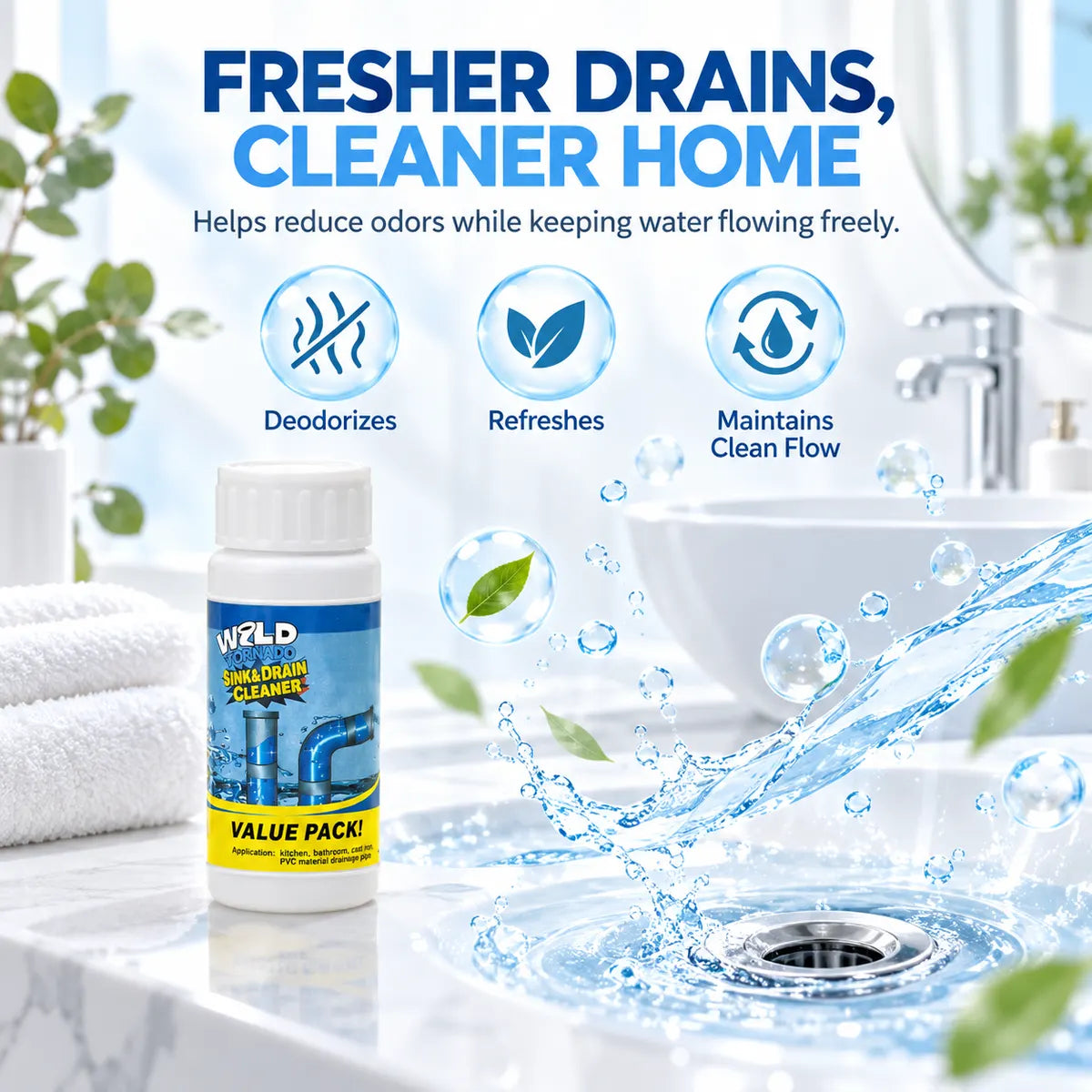 🌀Powerful Drain Cleaner - Household Kitchen & Toilet Anti-Bacterial Pipe Cleaning Agent, 99% Bacteria Kill, Odor-Free, Damage-Free Pipes, Heat Resistant, Dissolves 200+ Blockages Including Hair & Fat, Toilet Clog Fix