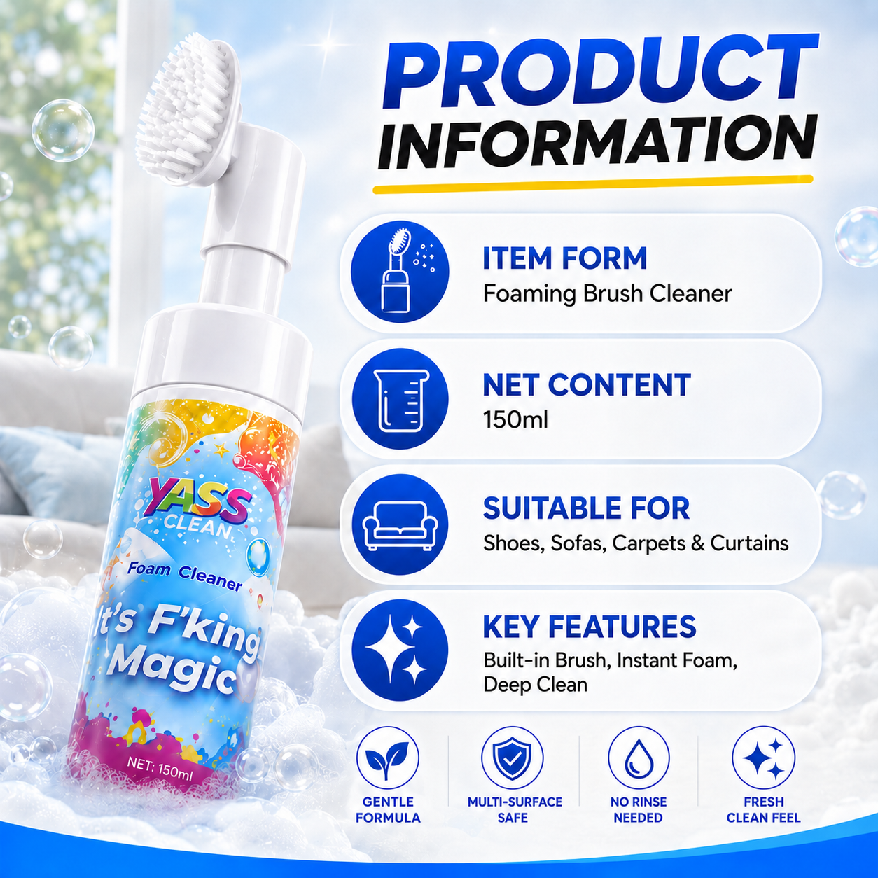 ⏳Last Day 50% OFF⏳- 🧹Clean Magic Foam Cleaner for Carpets & Upholstery – Pet Stain & Odour Remover with Cleaning Brush🧼🪄