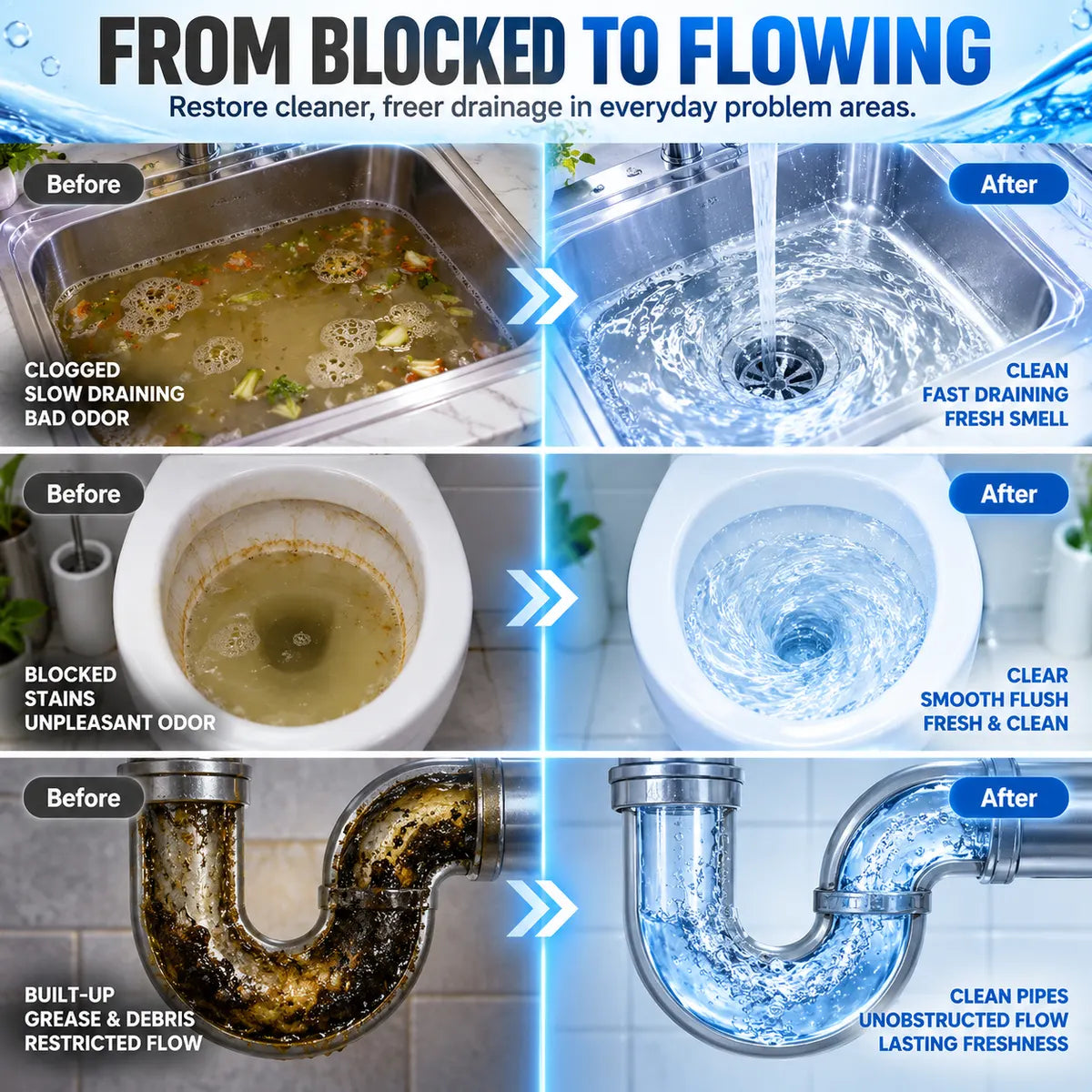 🌀Powerful Drain Cleaner - Household Kitchen & Toilet Anti-Bacterial Pipe Cleaning Agent, 99% Bacteria Kill, Odor-Free, Damage-Free Pipes, Heat Resistant, Dissolves 200+ Blockages Including Hair & Fat, Toilet Clog Fix