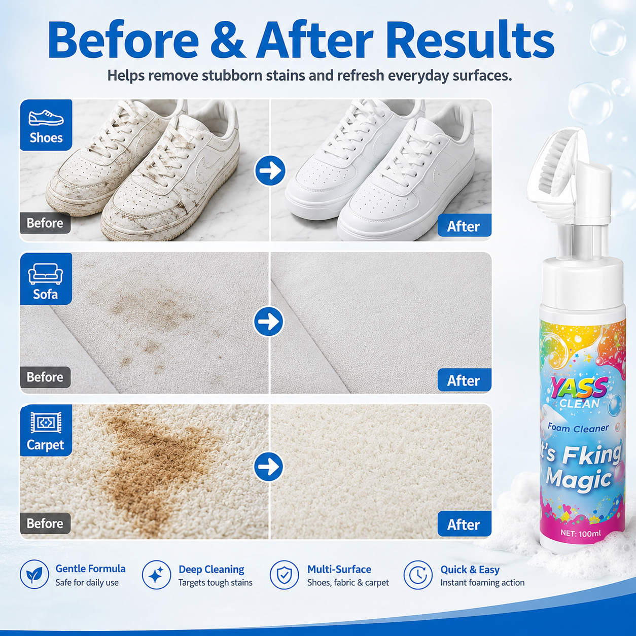 ⏳Last Day 50% OFF⏳- 🧹Clean Magic Foam Cleaner for Carpets & Upholstery – Pet Stain & Odour Remover with Cleaning Brush🧼🪄